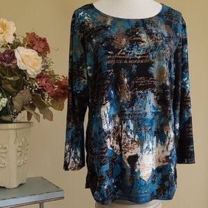 Peter Nygard Pullover Top Stretch Metallic Abstract Print 3/4 Sleeve Ruching XL
